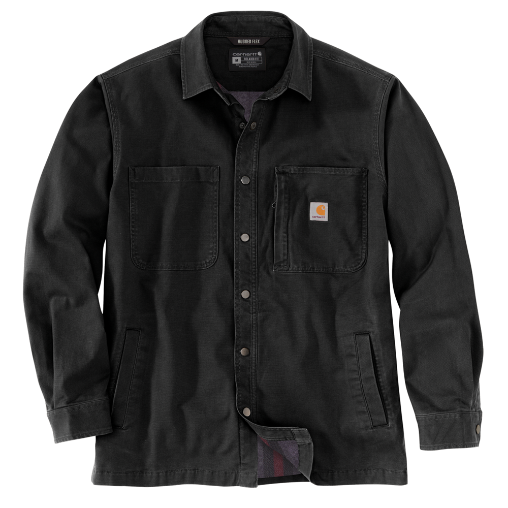 Carhartt Rugged Flex® Relaxed Fit Canvas Fleece-Lined Snap-Front Shirt Jac - BLACK