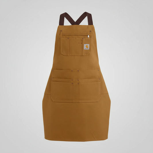 Person wearing a brown apron over a gray long-sleeve shirt on a white background