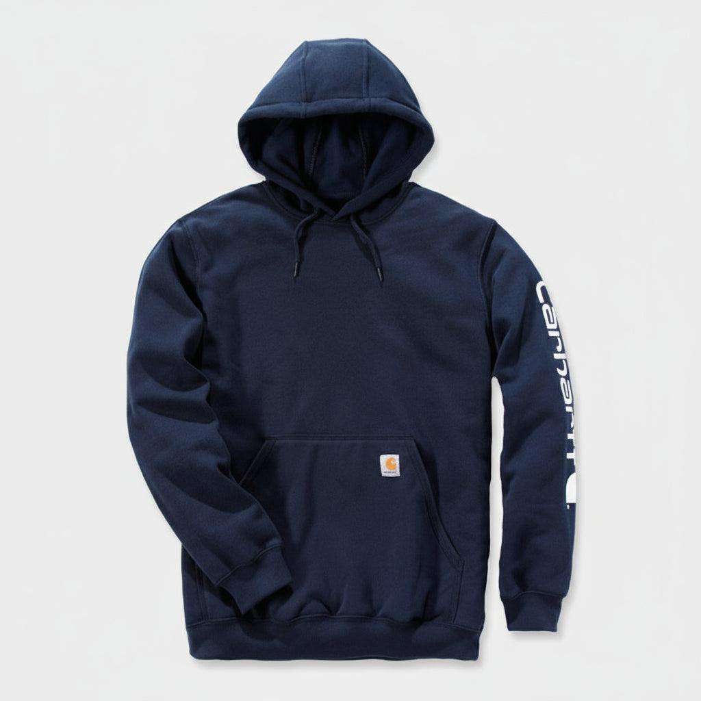 Navy blue hoodie with brand logo on sleeve against a white background