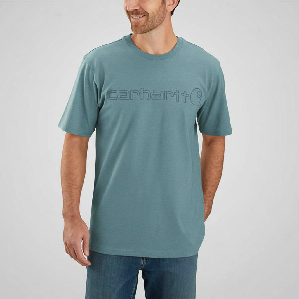 Man wearing a teal Carhartt t-shirt on a white background