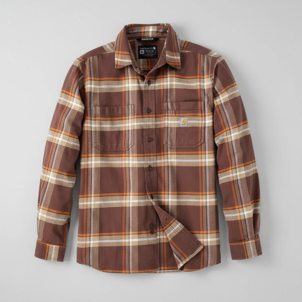 Brown plaid shirt with Carhartt label on a white background