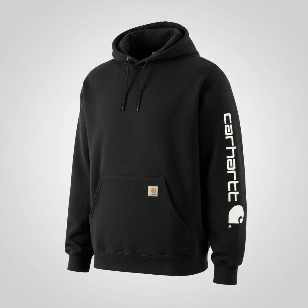 Black hoodie with Carhartt logo on sleeve against a white background
