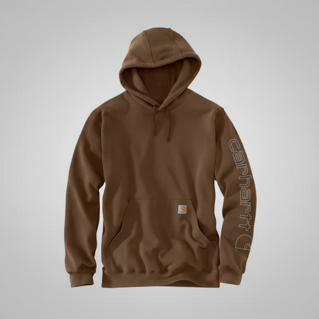 Brown hoodie with Carhartt logo on sleeve against a white background