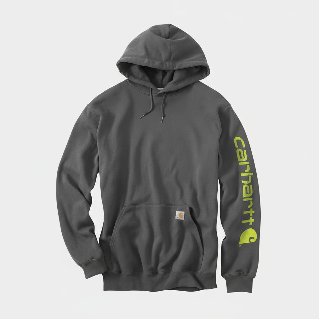 Gray hoodie with Carhartt logo on sleeve against a white background