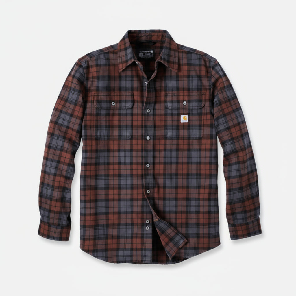 Plaid shirt with visible brand logo on a white background