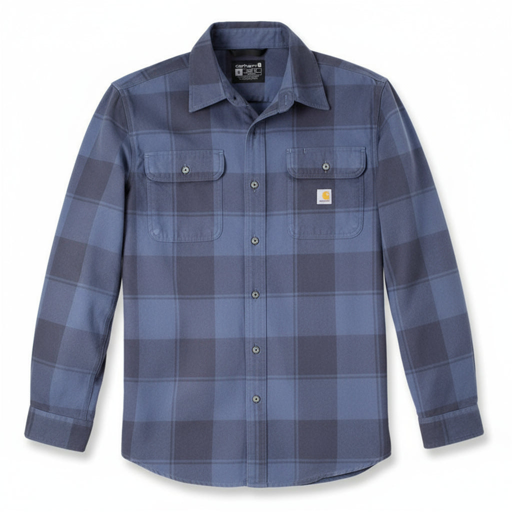 Blue plaid shirt with Carhartt logo on a white background