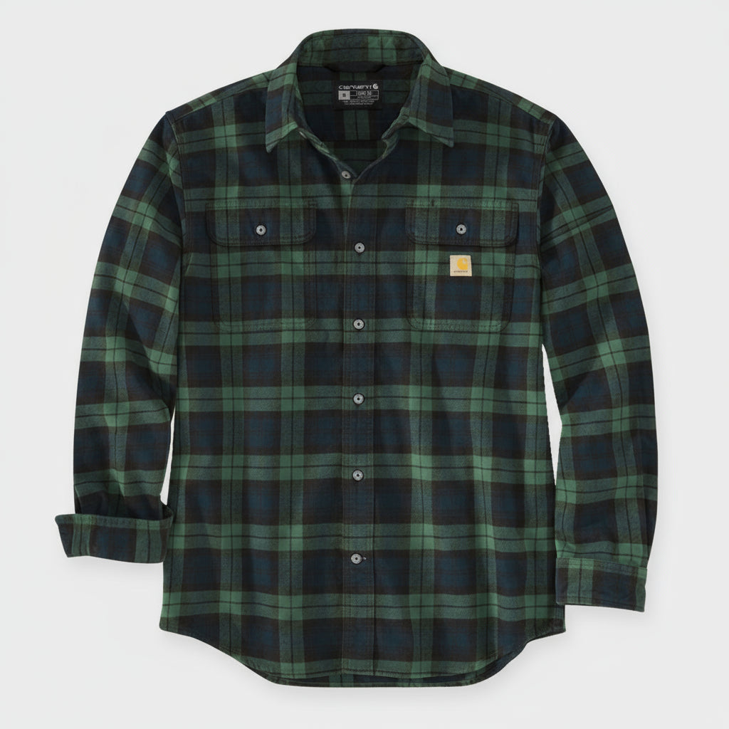 Green and black plaid shirt on a white background