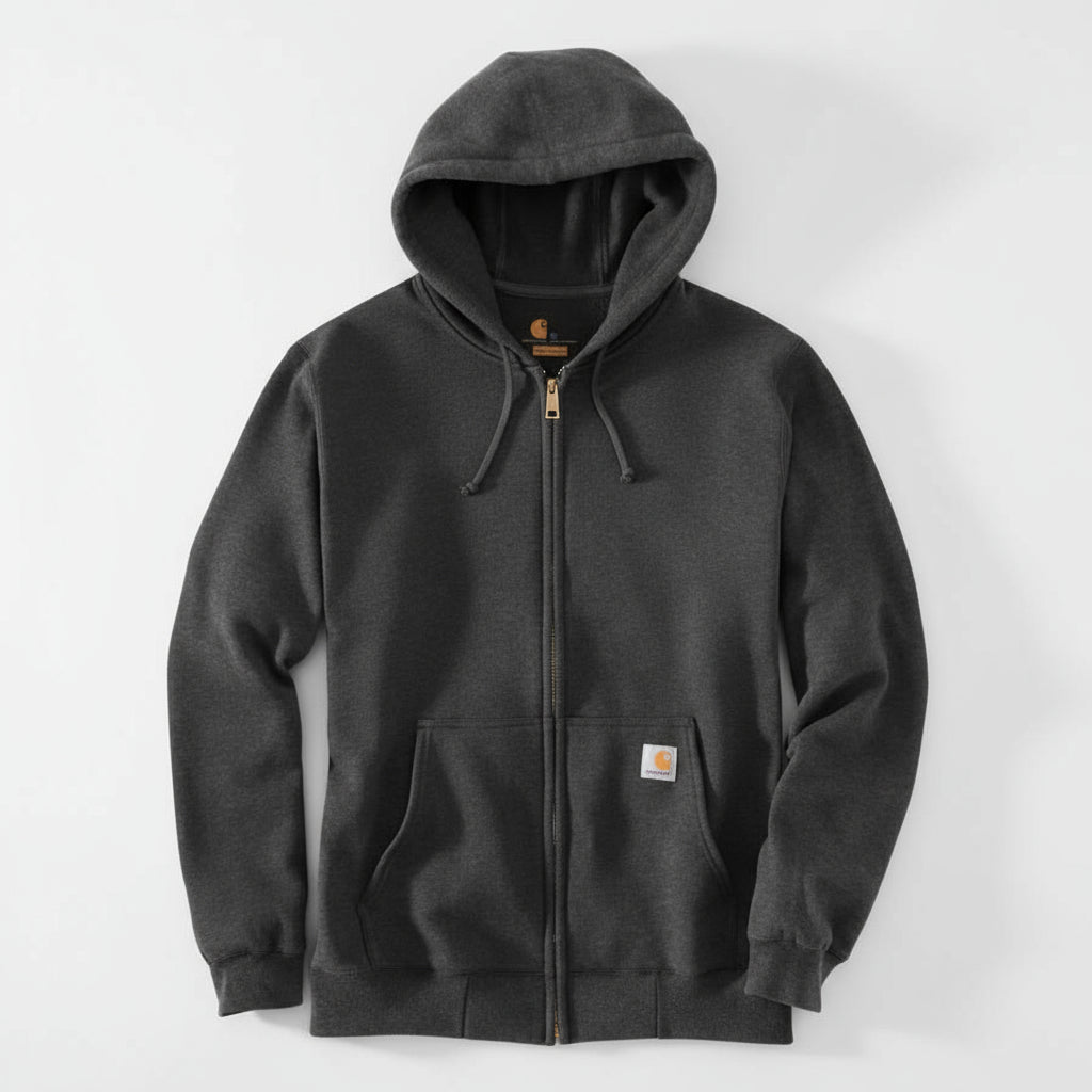 Dark gray hoodie with a brand logo on a white background