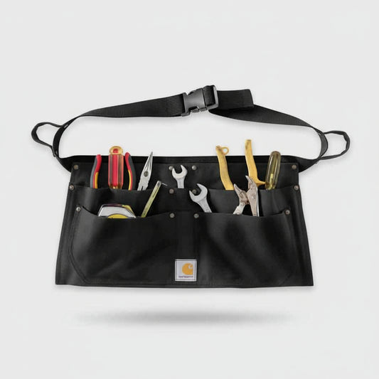Black tool belt with various tools on a white background