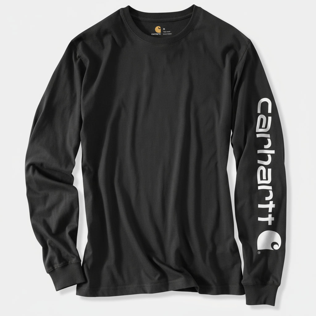 Black long-sleeve shirt with Carhartt logo on sleeve against a white background