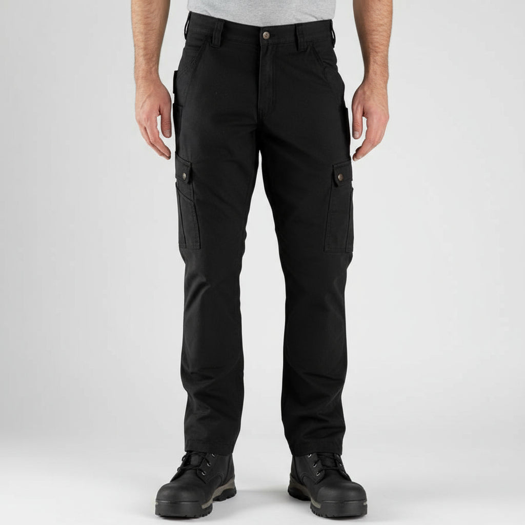 Person wearing black cargo pants on a white background