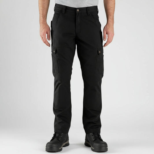 Person wearing black cargo pants on a white background