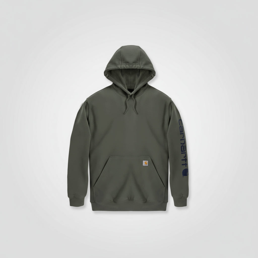 Green hoodie with Carhartt logo on sleeve against a white background