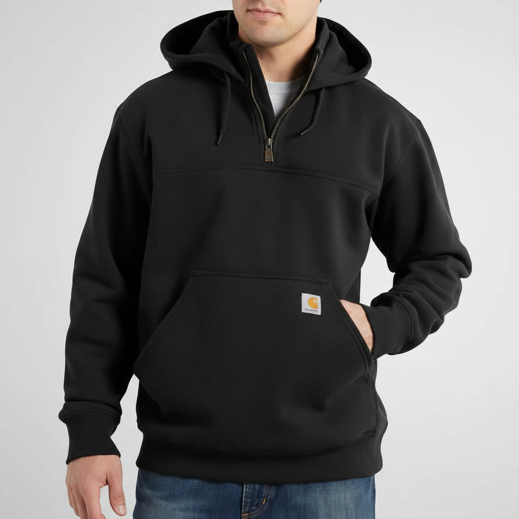 Black hoodie worn by a person on a white background