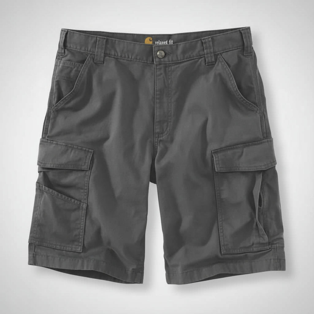 Dark gray cargo shorts with multiple pockets on a white background