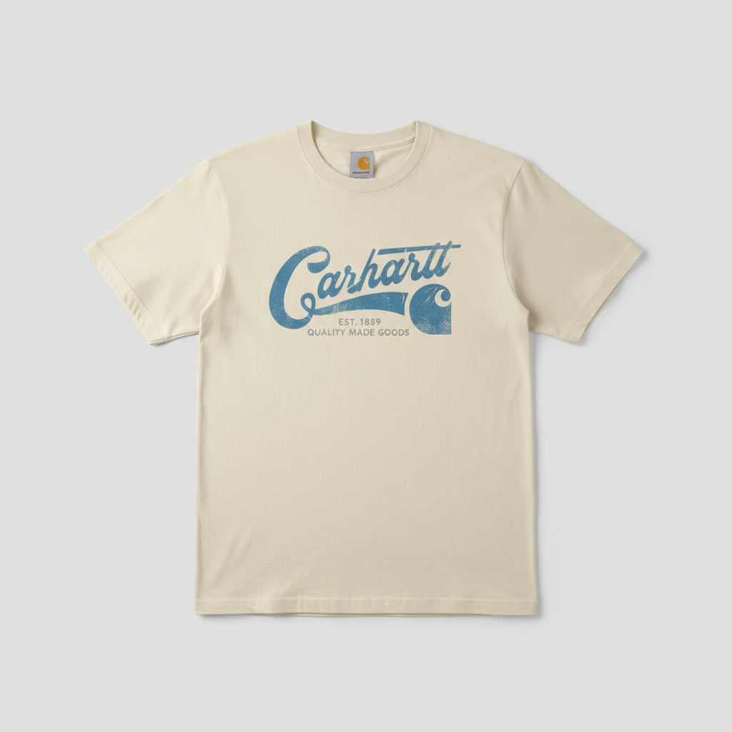 Beige t-shirt with blue Carhartt logo on a white background
