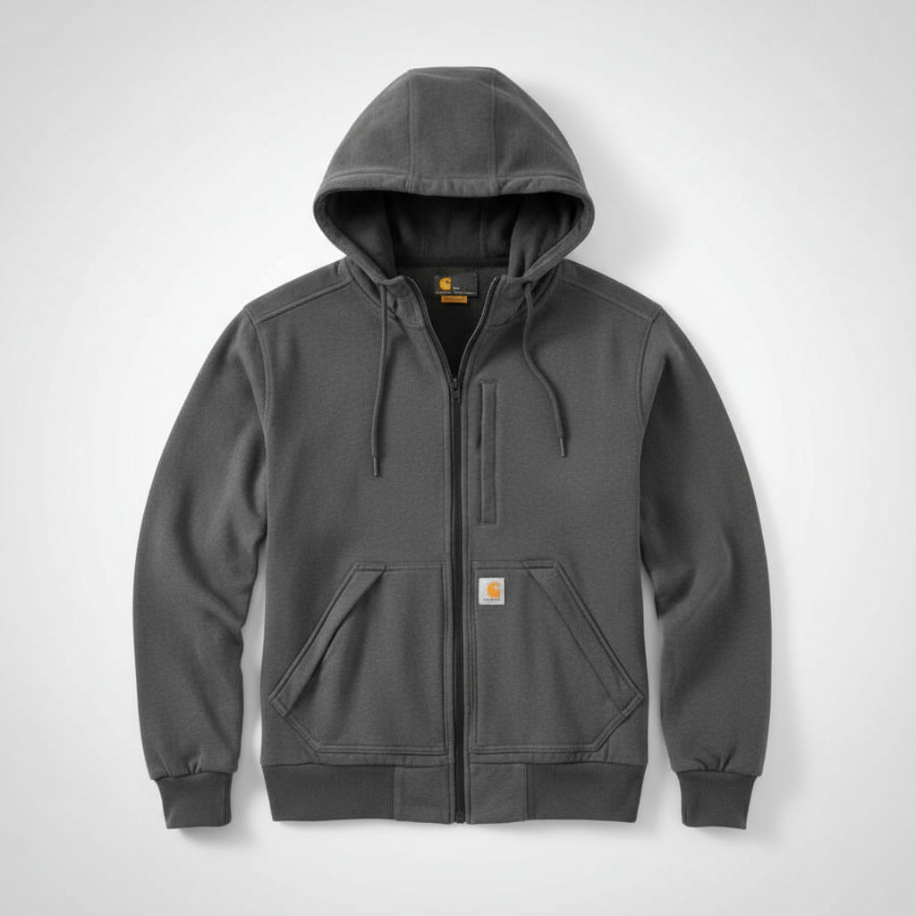 Dark gray hoodie with a brand logo on a white background