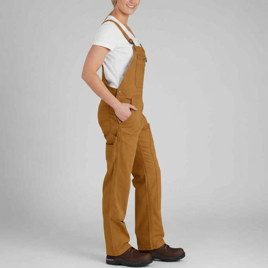 Person wearing brown bib overalls on a white background