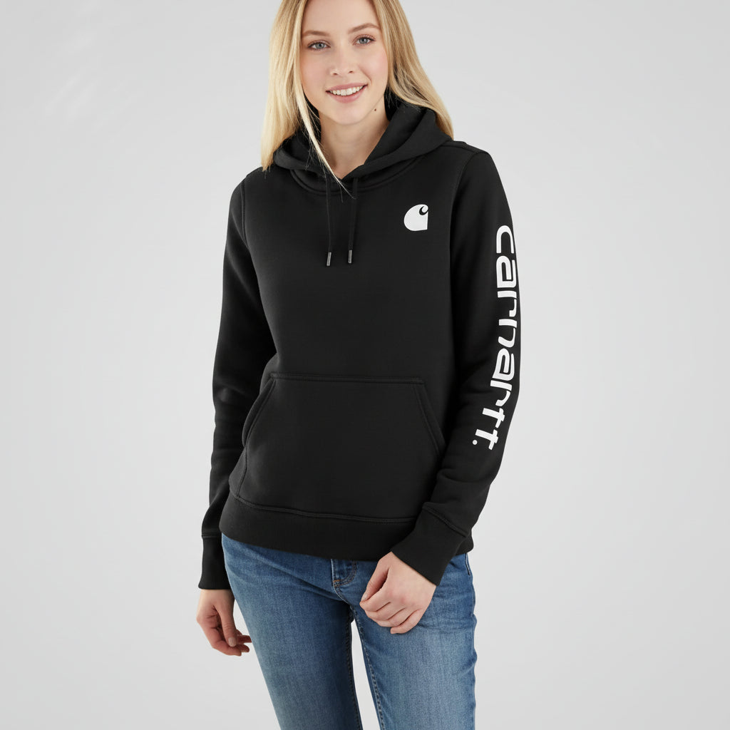 Person wearing a black hoodie with a visible brand logo on a white background