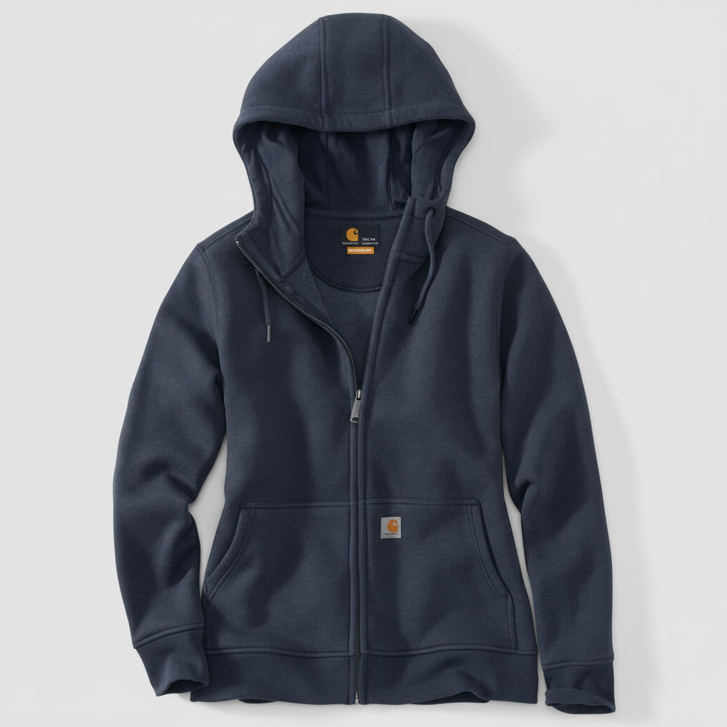Navy blue hoodie with a brand logo on a white background