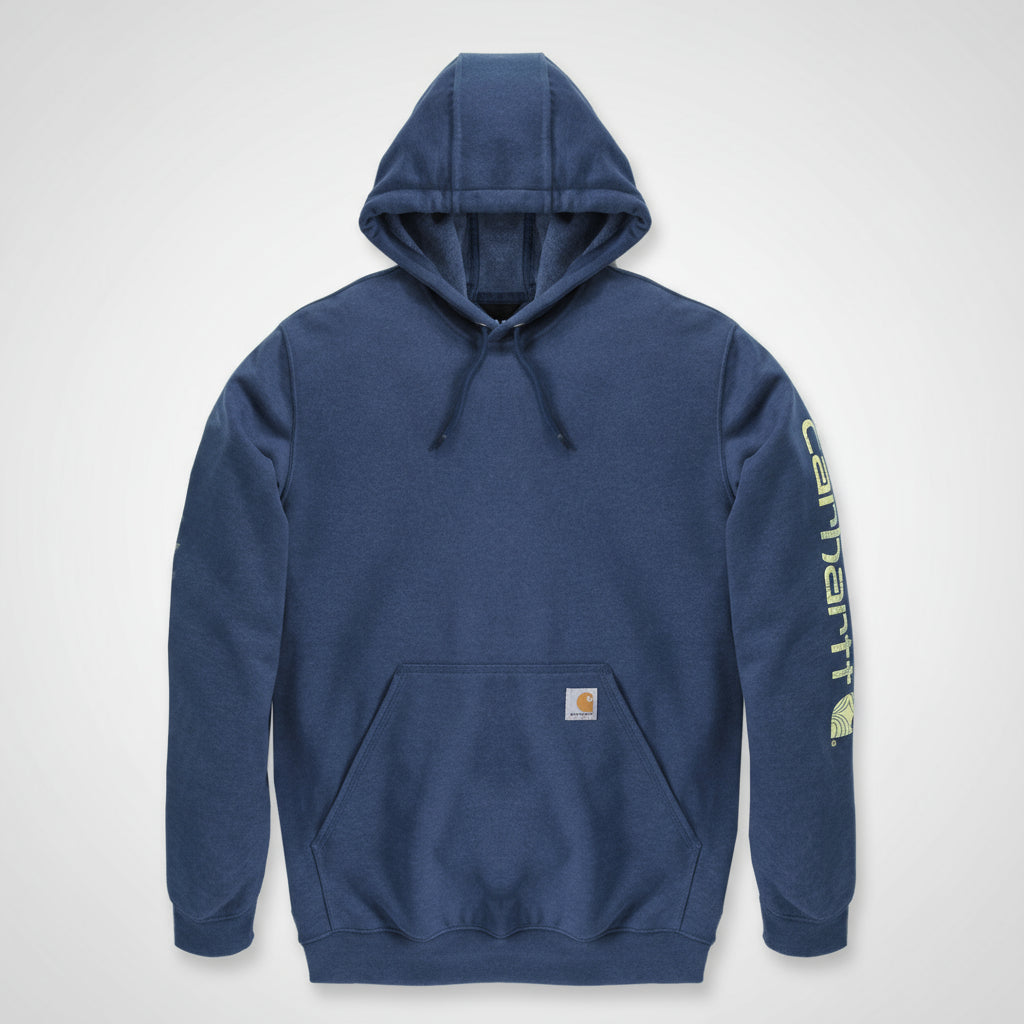 Blue hoodie with a brand logo on the sleeve against a white background