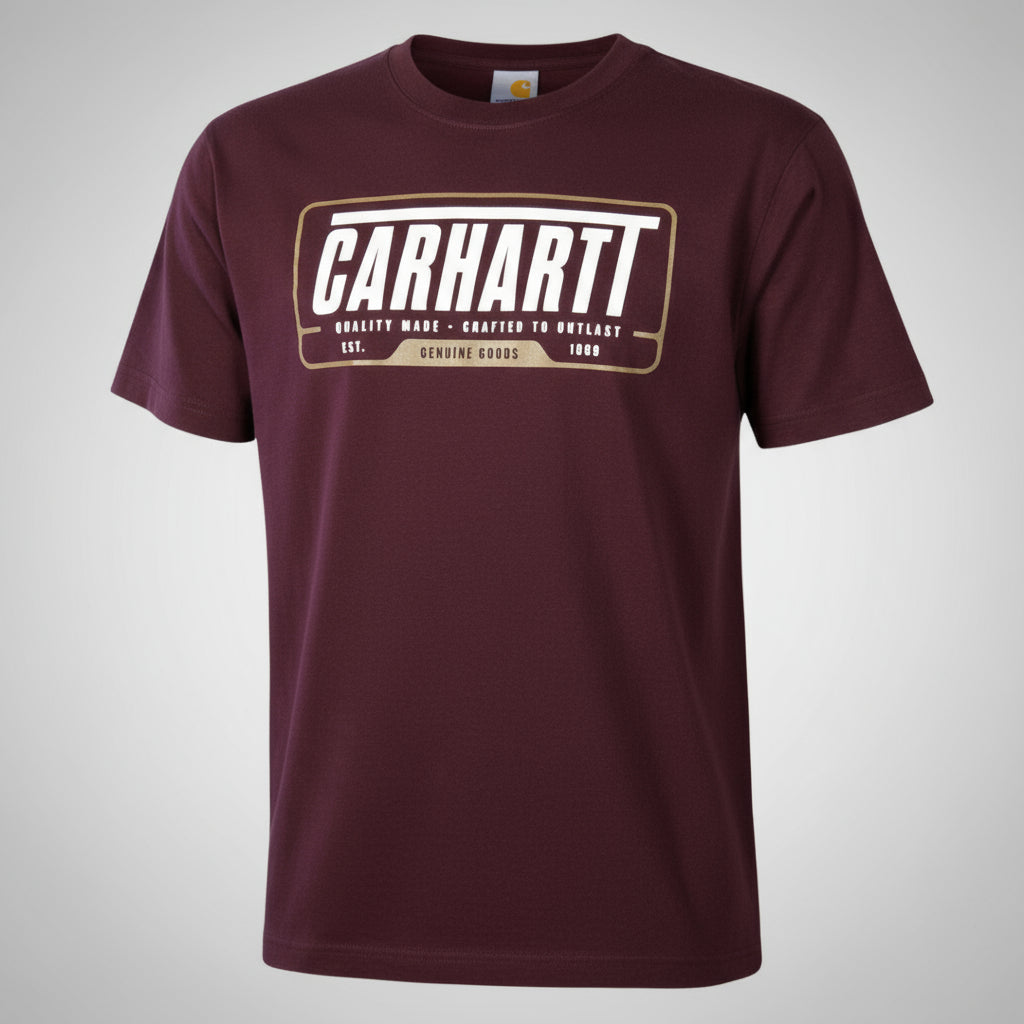 Maroon t-shirt with Carhartt logo on a white background
