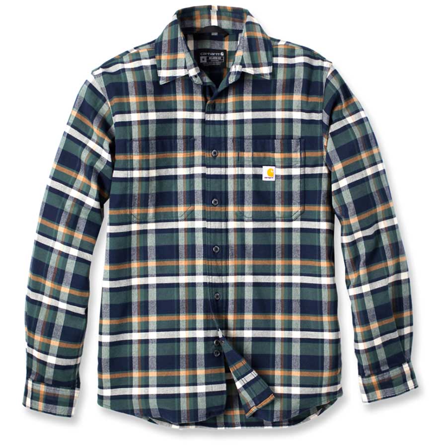 Carhartt Relaxed Fit Stretch Plaid Flannel Shirt Midweight- NAVY GREEN/BLUE Checkered