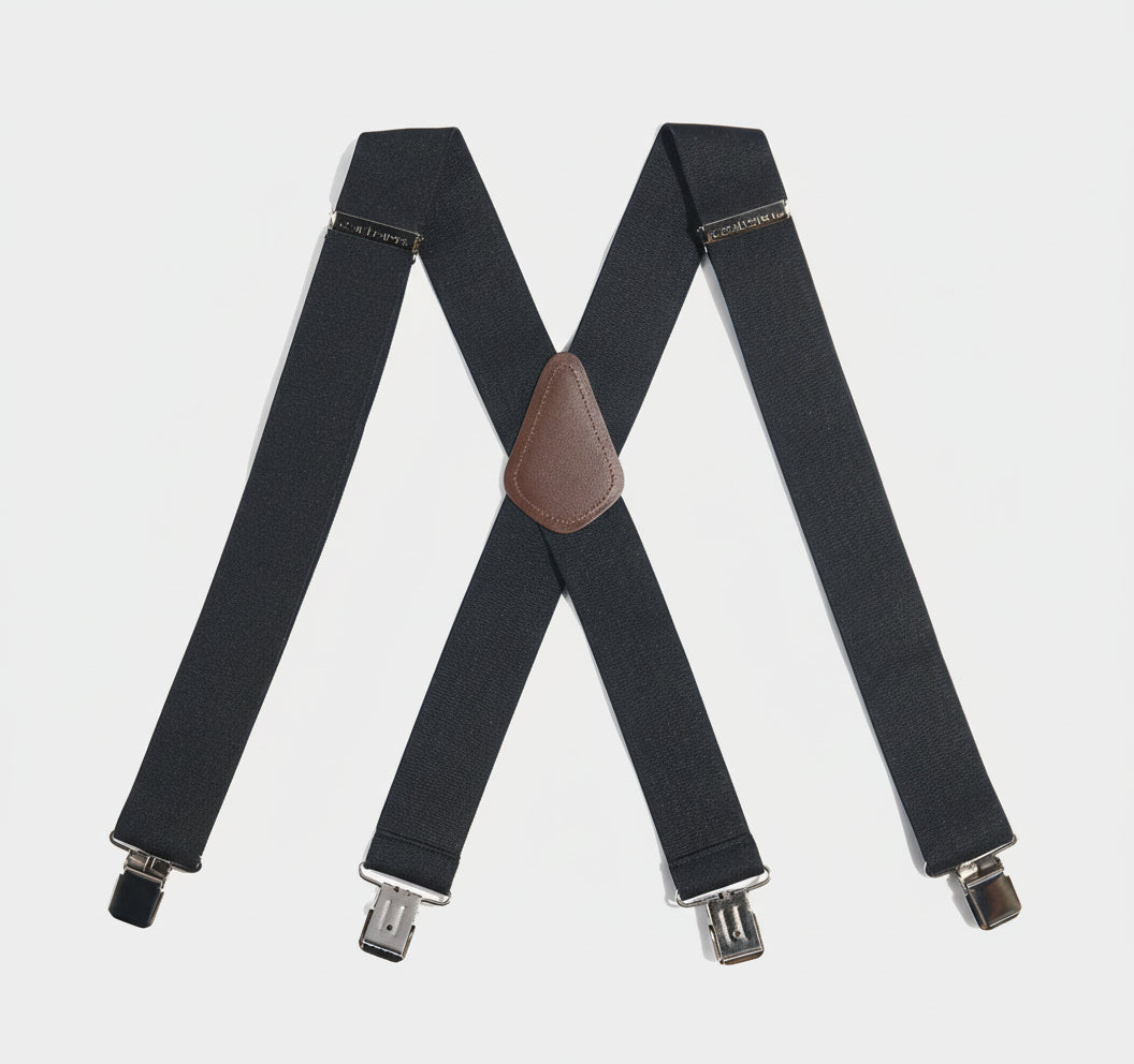 Black suspenders with a brown leather clip on a white background