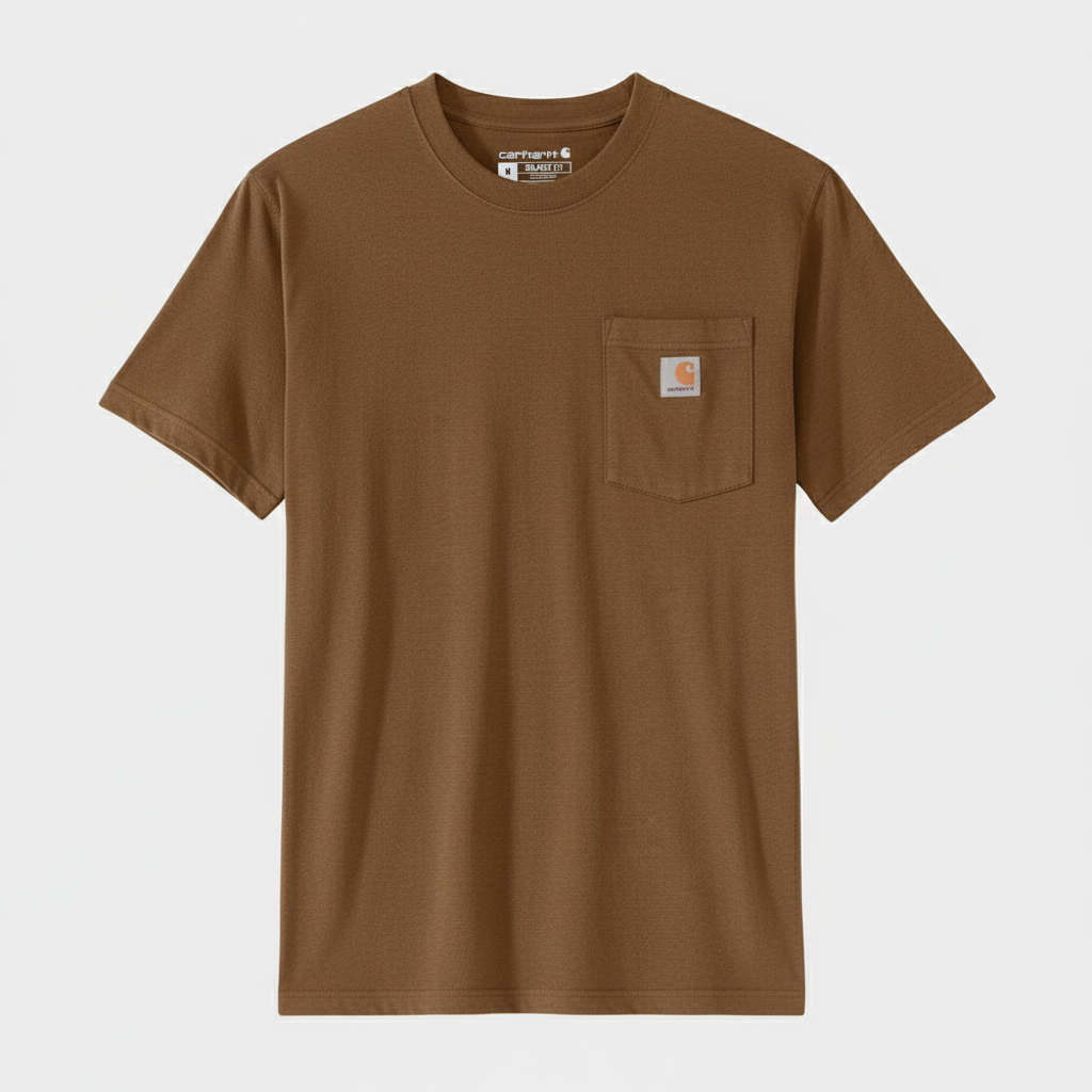 Brown t-shirt with a pocket and Carhartt logo on a white background