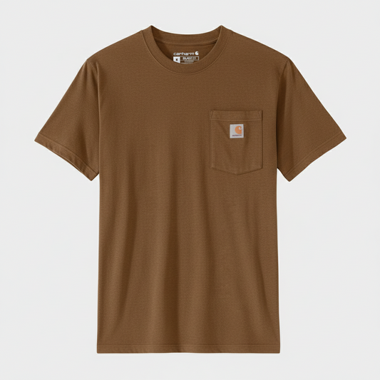 Brown t-shirt with a pocket and Carhartt logo on a white background
