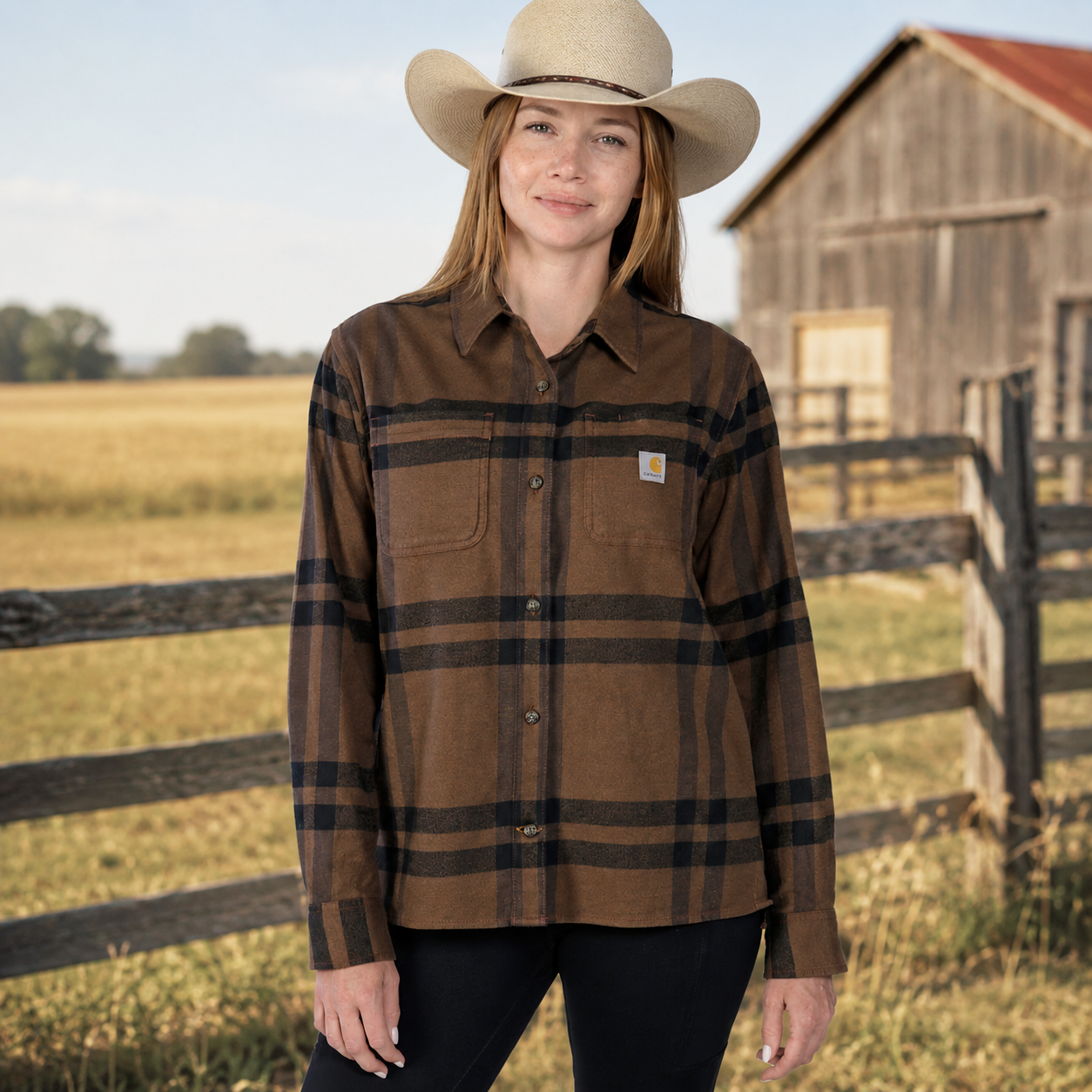 Carhartt Women's Rugged Flex™ Loose Fit Midweight Flannel Long Sleeve Shirt – 105989 - Brown/Black SOFT FIBRE