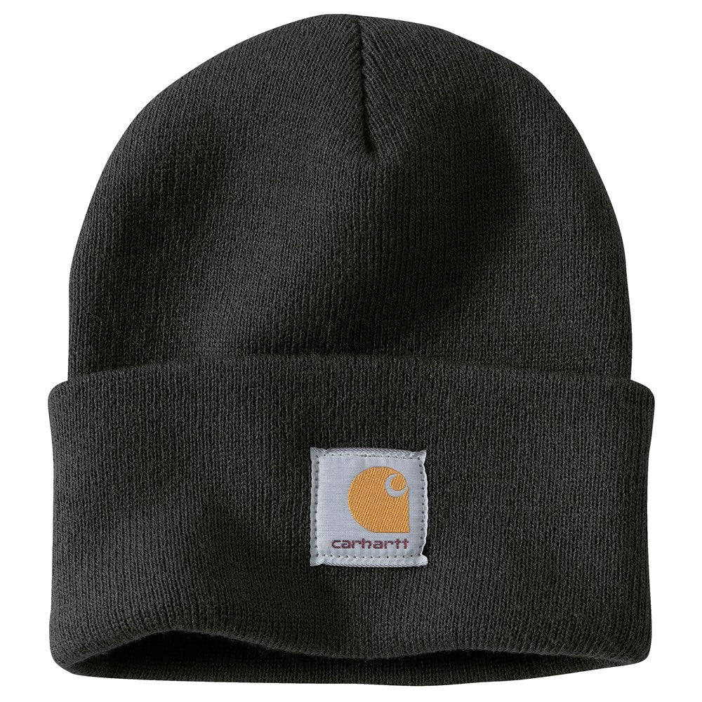 Black knit beanie with Carhartt logo on a white background