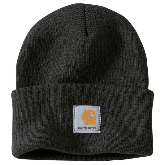 Black knit beanie with Carhartt logo on a white background