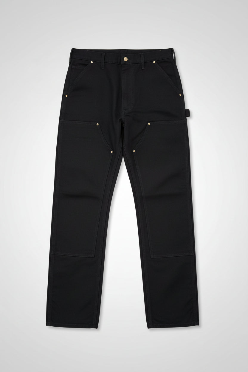 Black pants with multiple pockets on a white background