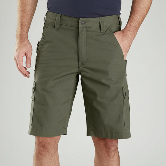 Green cargo shorts worn by a person on a white background