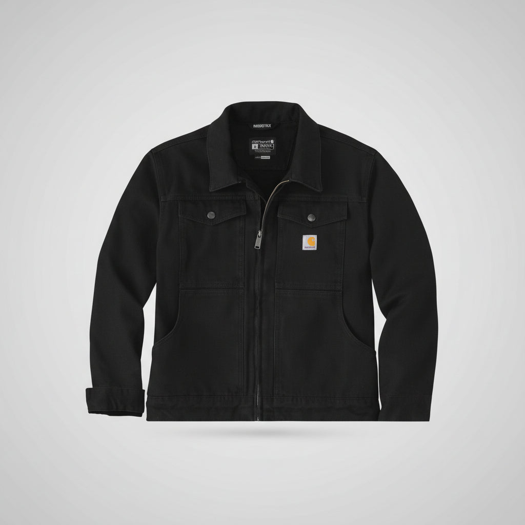 Black jacket with visible brand logos on a white background