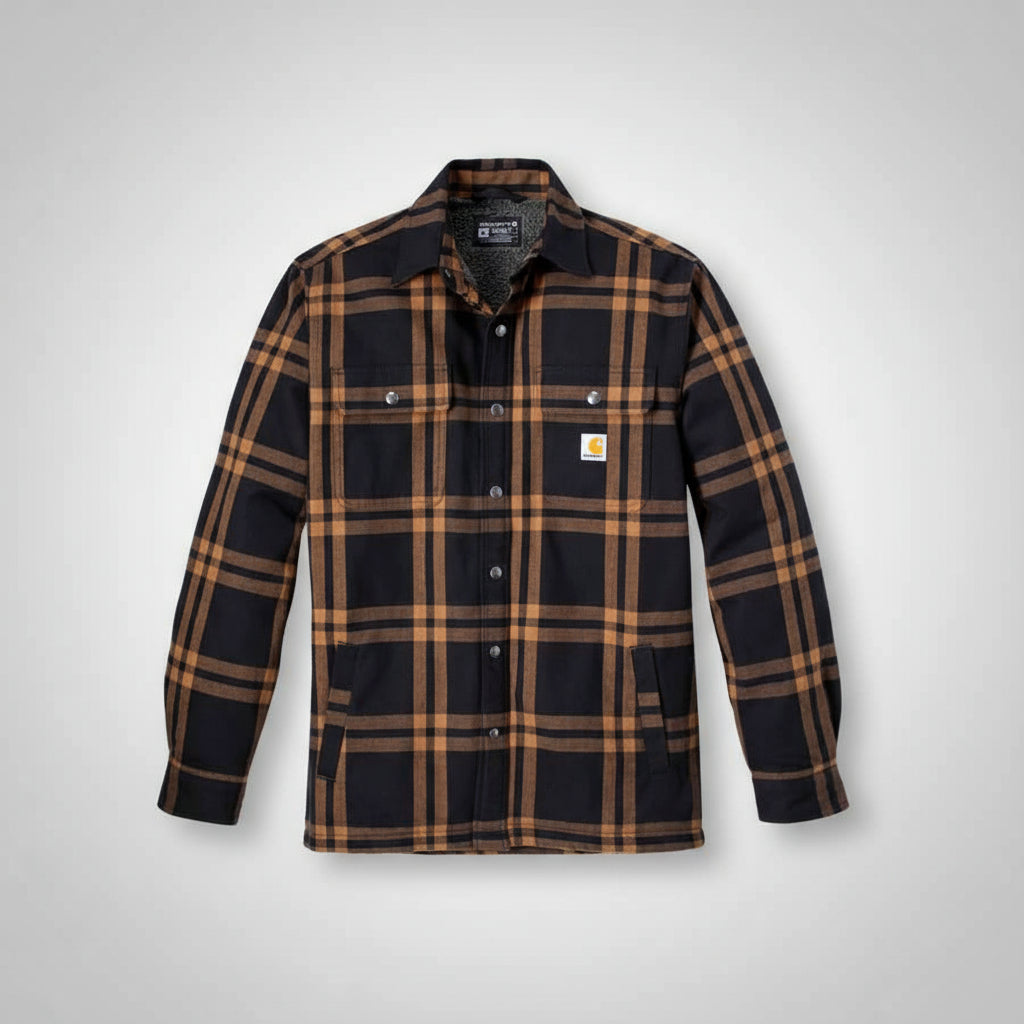 Plaid shirt with a visible brand logo on a white background