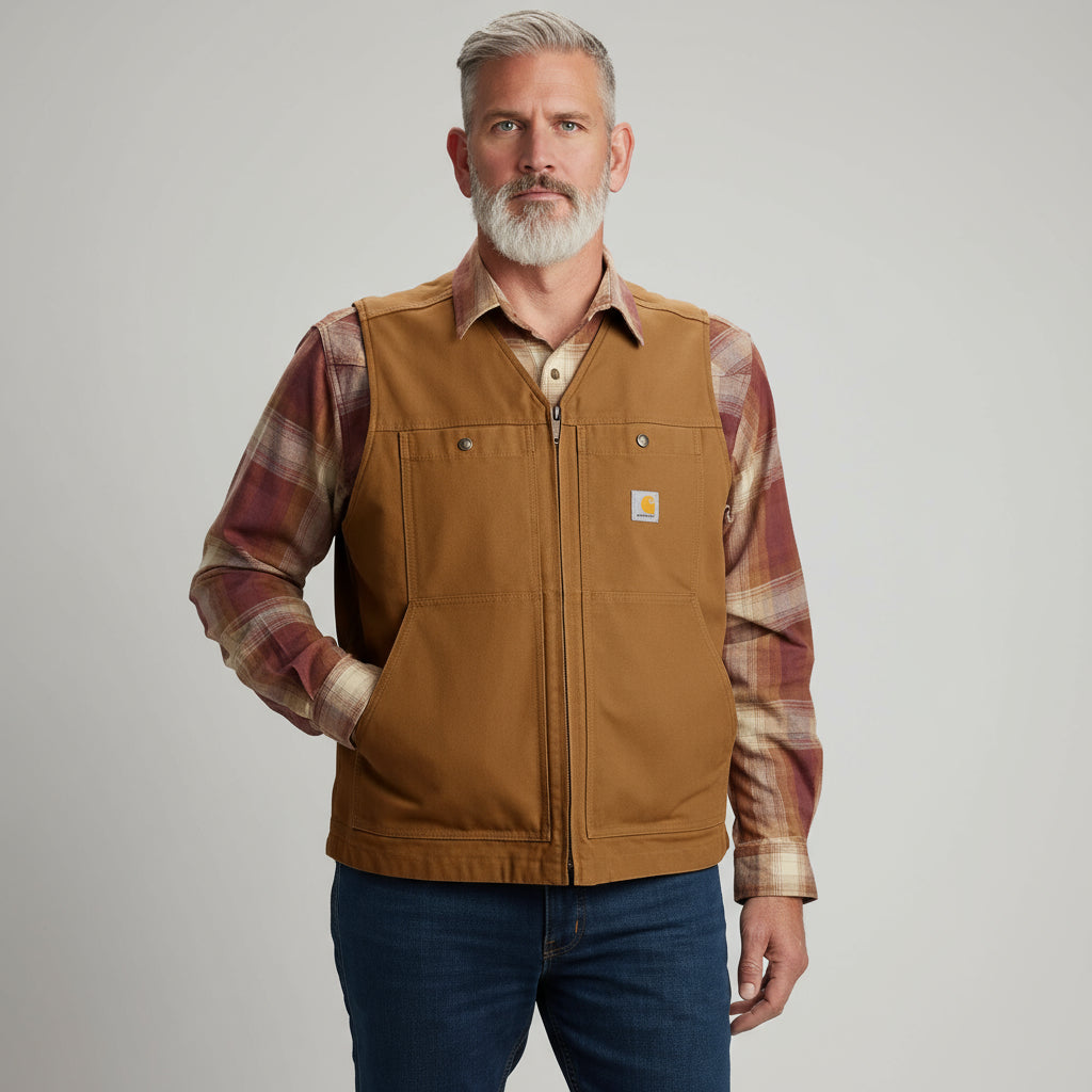 Man wearing a brown vest over a plaid shirt with a white background