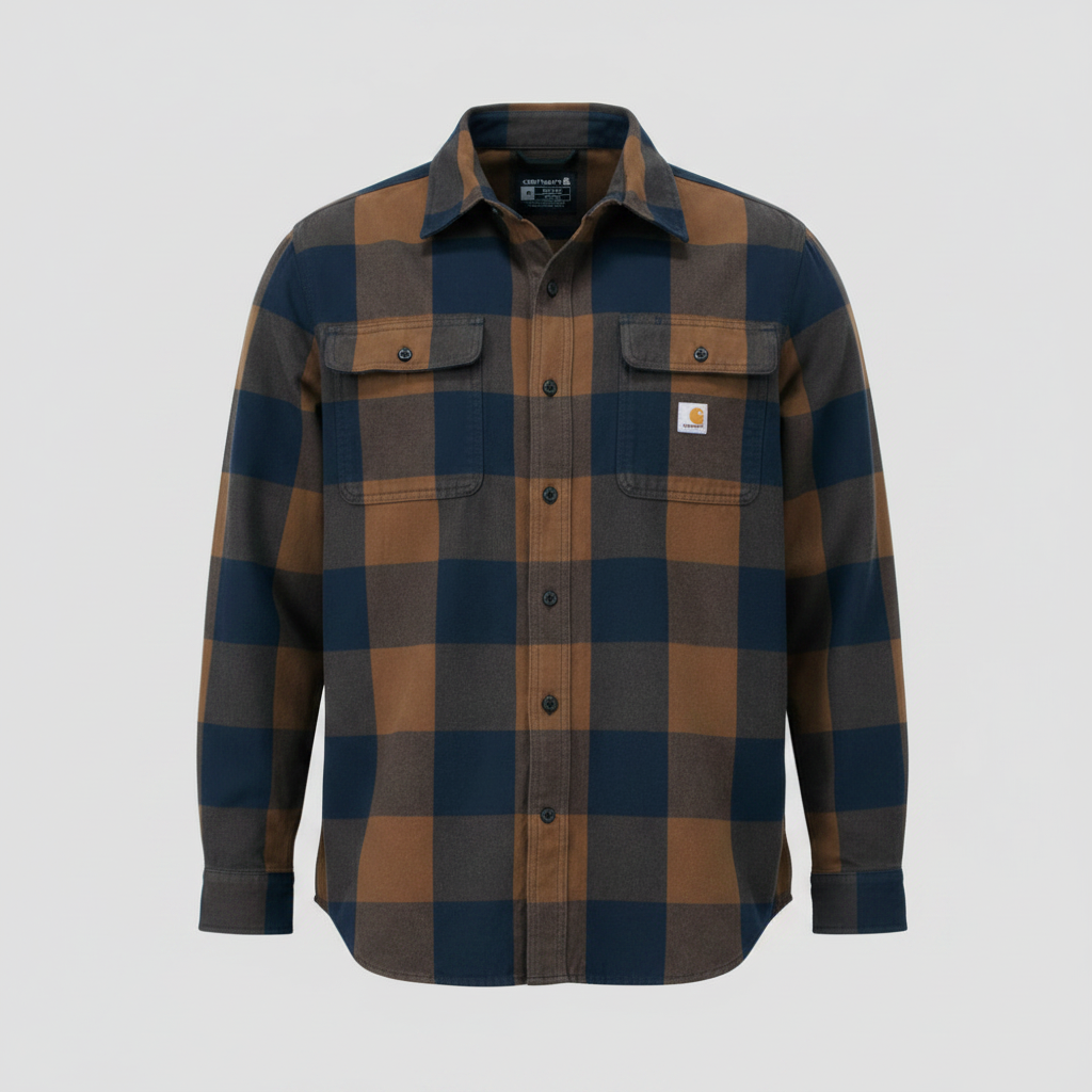 Plaid shirt with brown and blue pattern on a white background