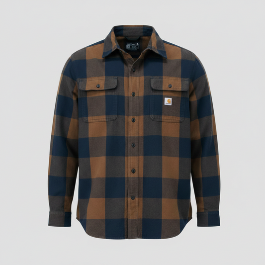Plaid shirt with brown and blue pattern on a white background