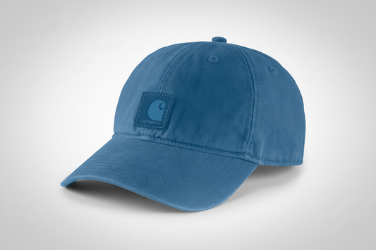 Blue cap with a brand logo on a white background