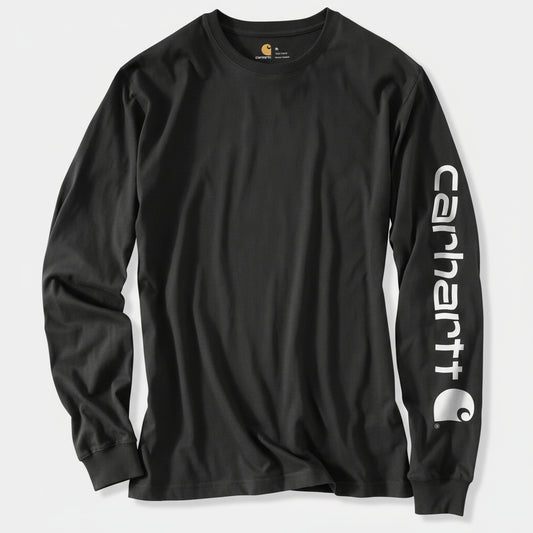 Black long-sleeve shirt with Carhartt logo on sleeve against a white background