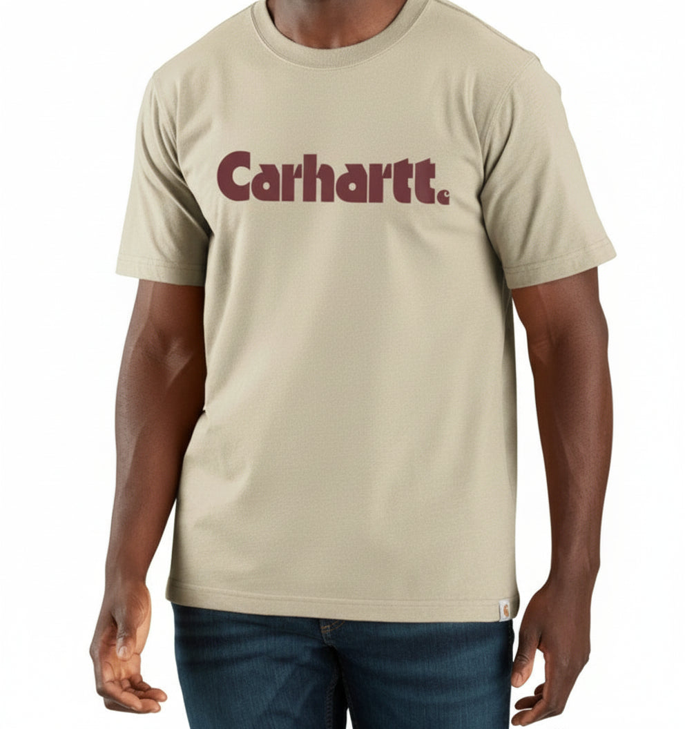 Close-up of Carhartt block logo graphic print on lightweight jersey fabric