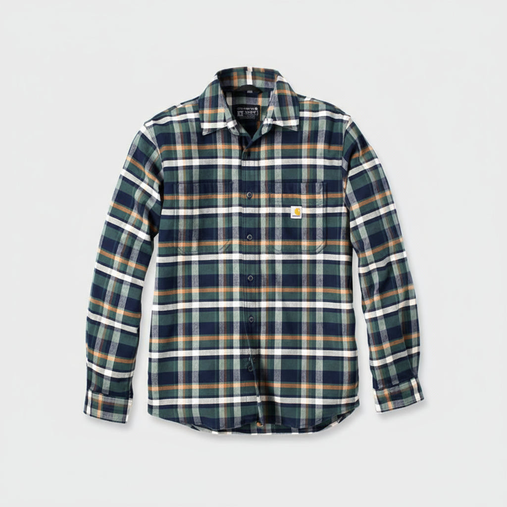 Plaid shirt with visible Carhartt logo on a white background
