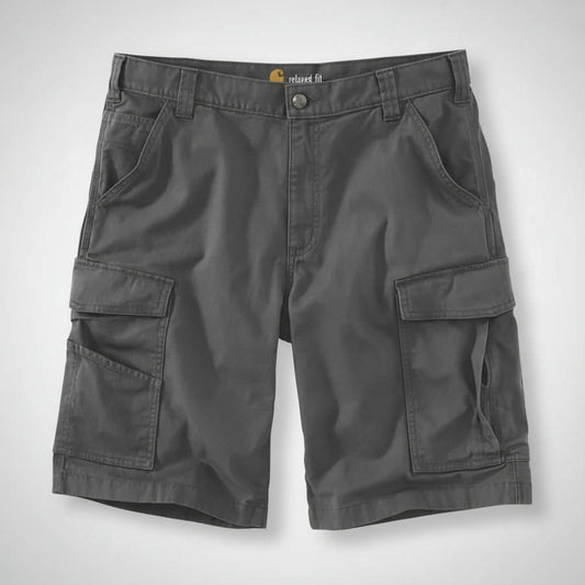 Dark gray cargo shorts with multiple pockets on a white background