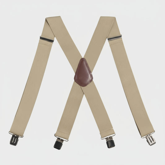 Beige suspenders with a brown leather clip on a white background
