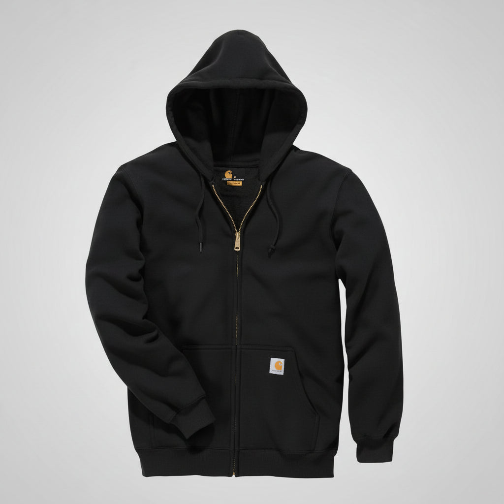 Black hoodie with a visible brand logo on a white background