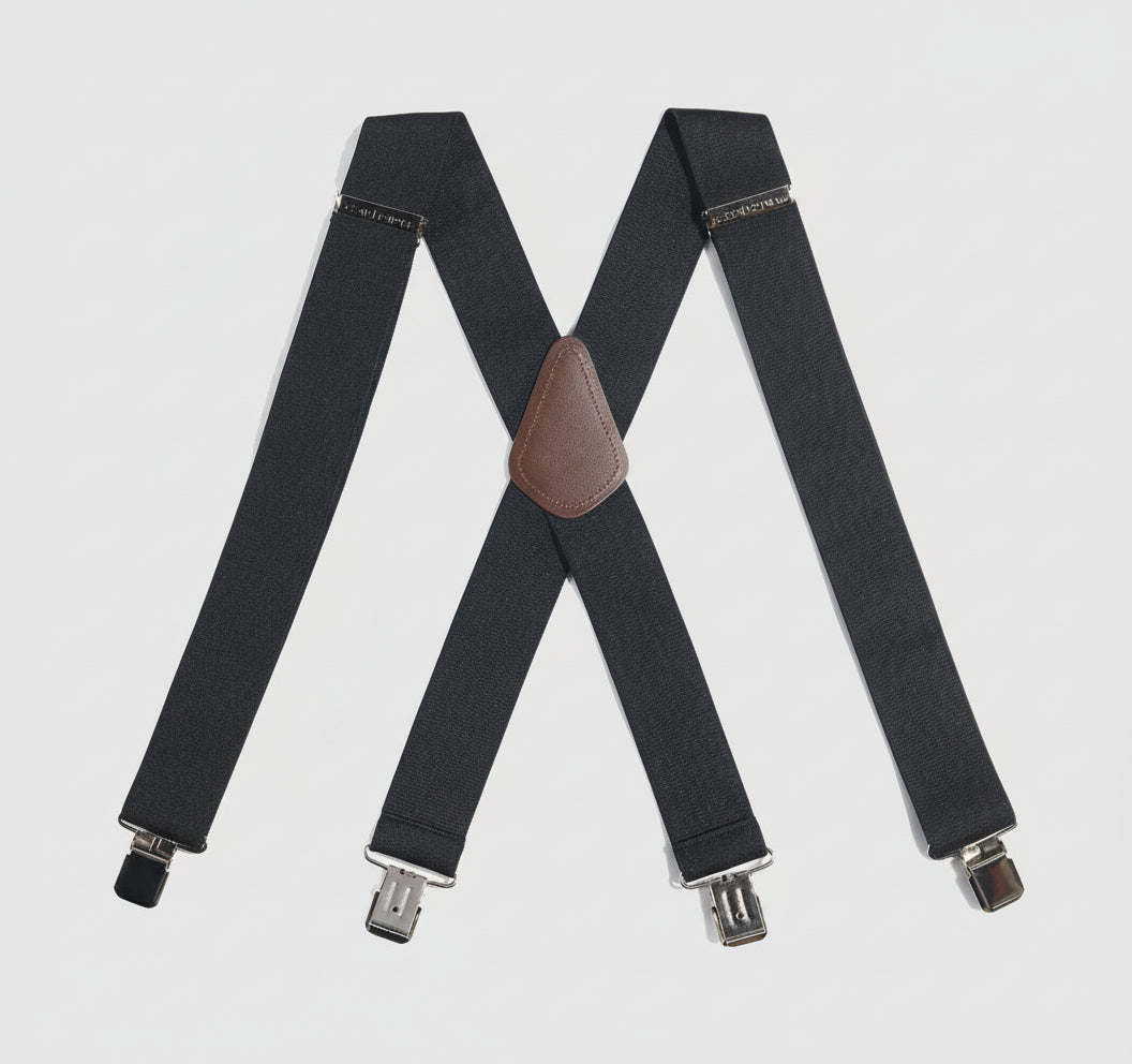 Black suspenders with brown leather and metal clips