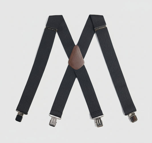 Black suspenders with brown leather and metal clips