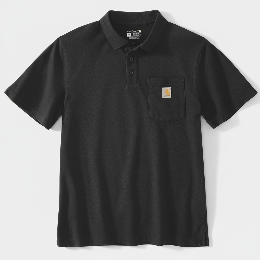 Black polo shirt with a pocket on a white background